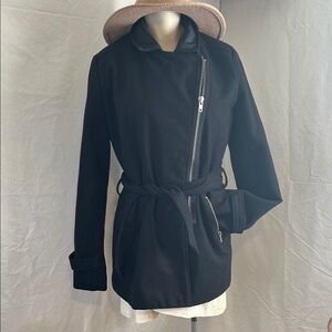 DELIAS TIE WAIST MOTO BLACK JACKET FAUX LEATHER TRIM SZ M